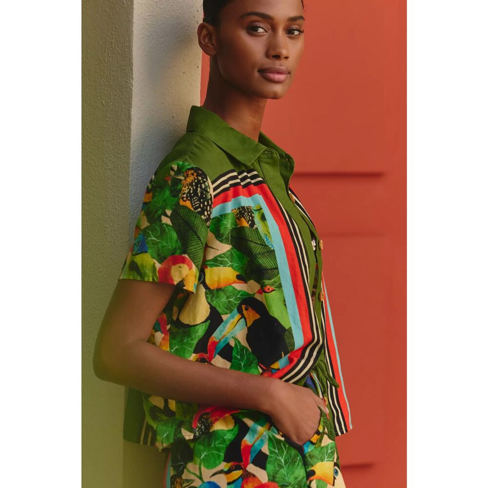 nwt FARM RIO x ANTHROPOLOGIE sz S Bird Leaves Shor-Sleeve Buttondown